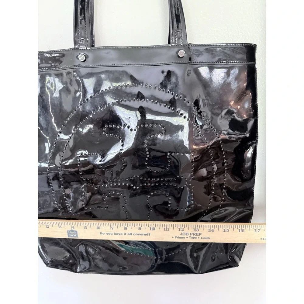 Tory Burch Black Patent Leather Monogram Tote Bag 17x17 Large Carry All Classic